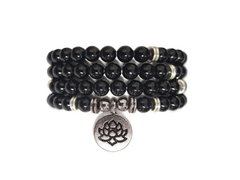 Colier / Bratara elastica din 108 sfere de Onix si charm placat cu argint Floare de Lotus - Perlele